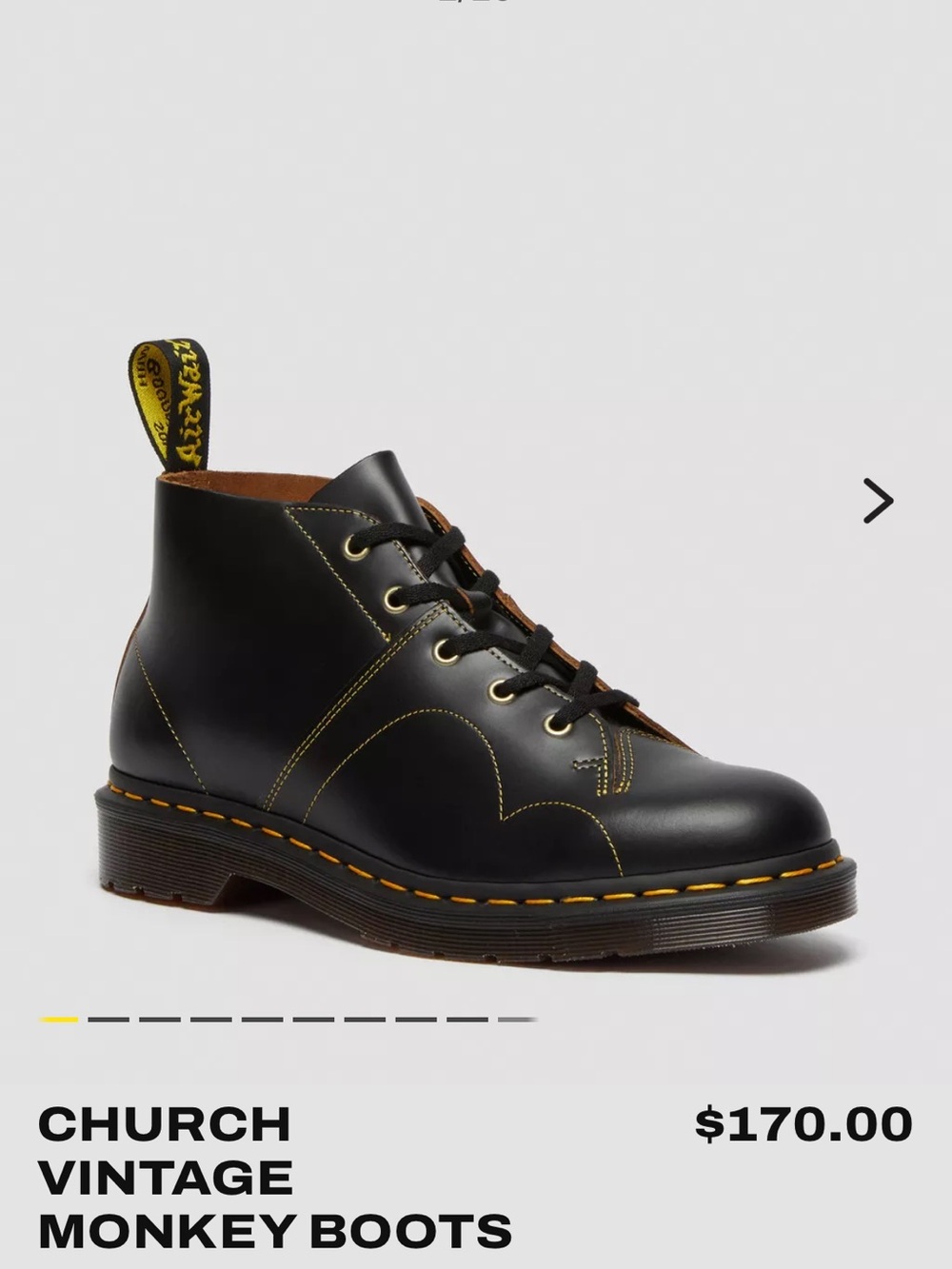 Dr. Martens Leather Church  Monkey Boots with Yellow Stitching, worn twice.